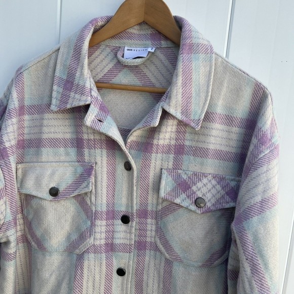 ASOS Design Plaid Pea Coat Jacket Wool Blend Button Front Beige Purple Long 8 - Picture 2 of 9